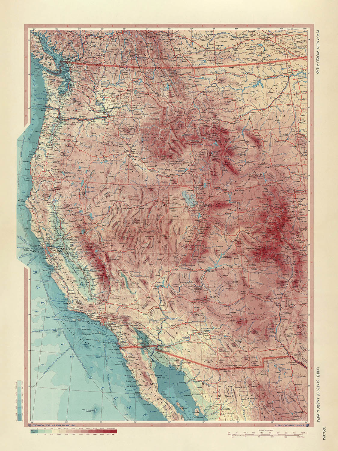Alte Karte des Westens der Vereinigten Staaten, 1967: Los Angeles, San Francisco, Yosemite, Grand Canyon, Rocky Mountains