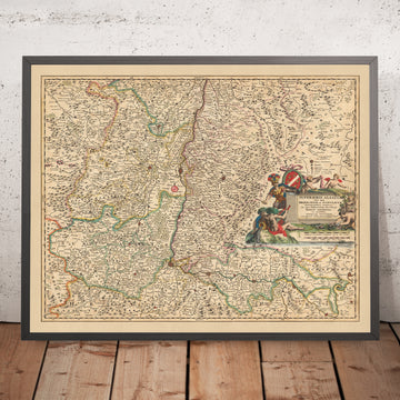 Mapa antiguo de la Alta Alsacia, Breisgau y Sundgau por Visscher, 1690: Basilea, Friburgo de Brisgovia, Colmar, Mulhouse, Jurapark Aargau