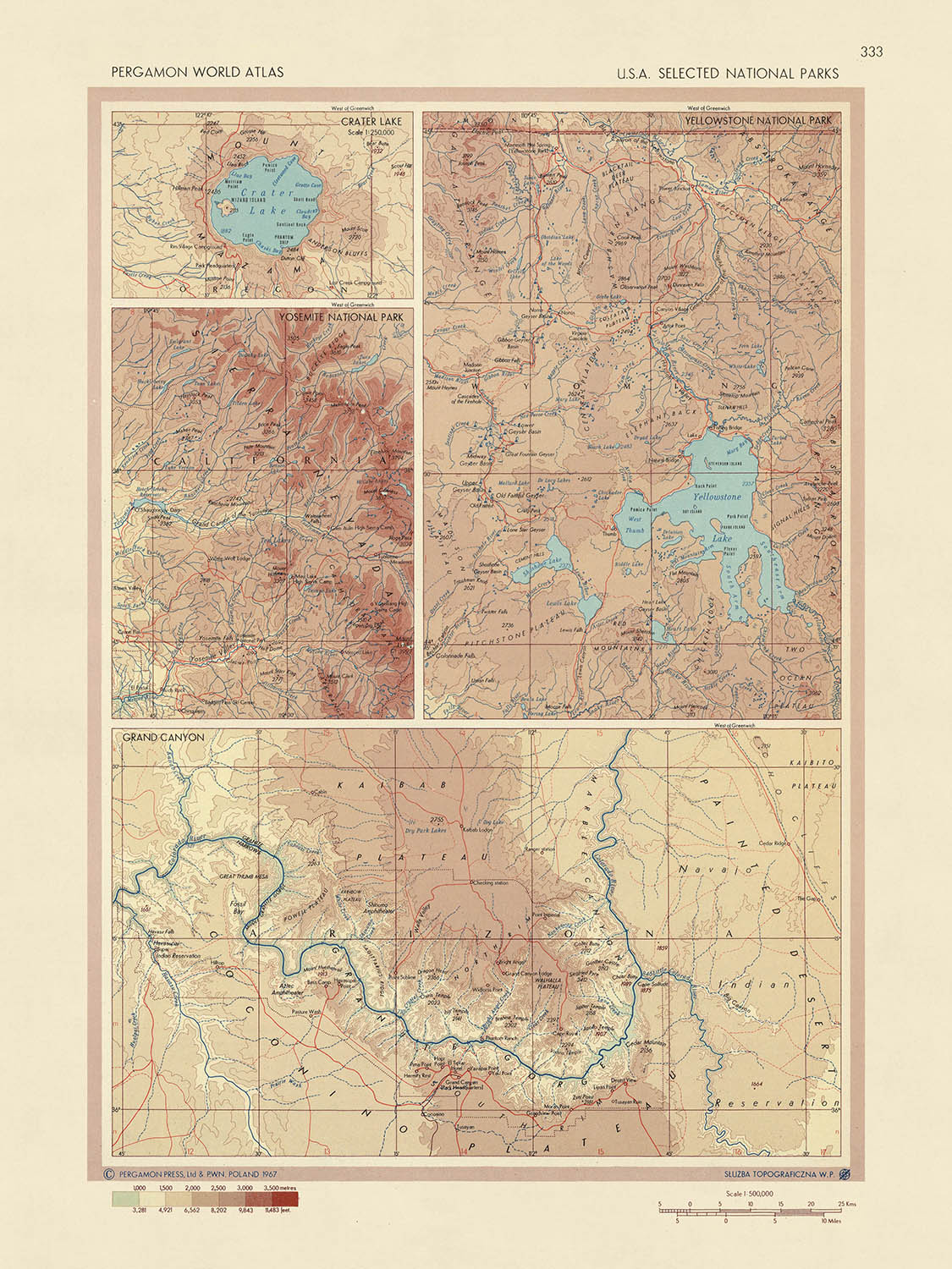 Old Map of USA National Parks, 1967: Yellowstone, Grand Canyon, Yosemite, Crater Lake