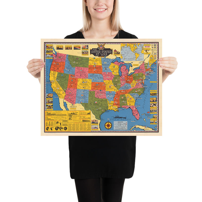 Mappa Antica degli USA in Guerra di Stanley Turner, 1943: Mappa Nazionale della Seconda Guerra Mondiale Esercito & Marina 