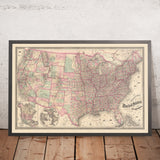 Old Rare County Map of the United States by GW Colton, 1874