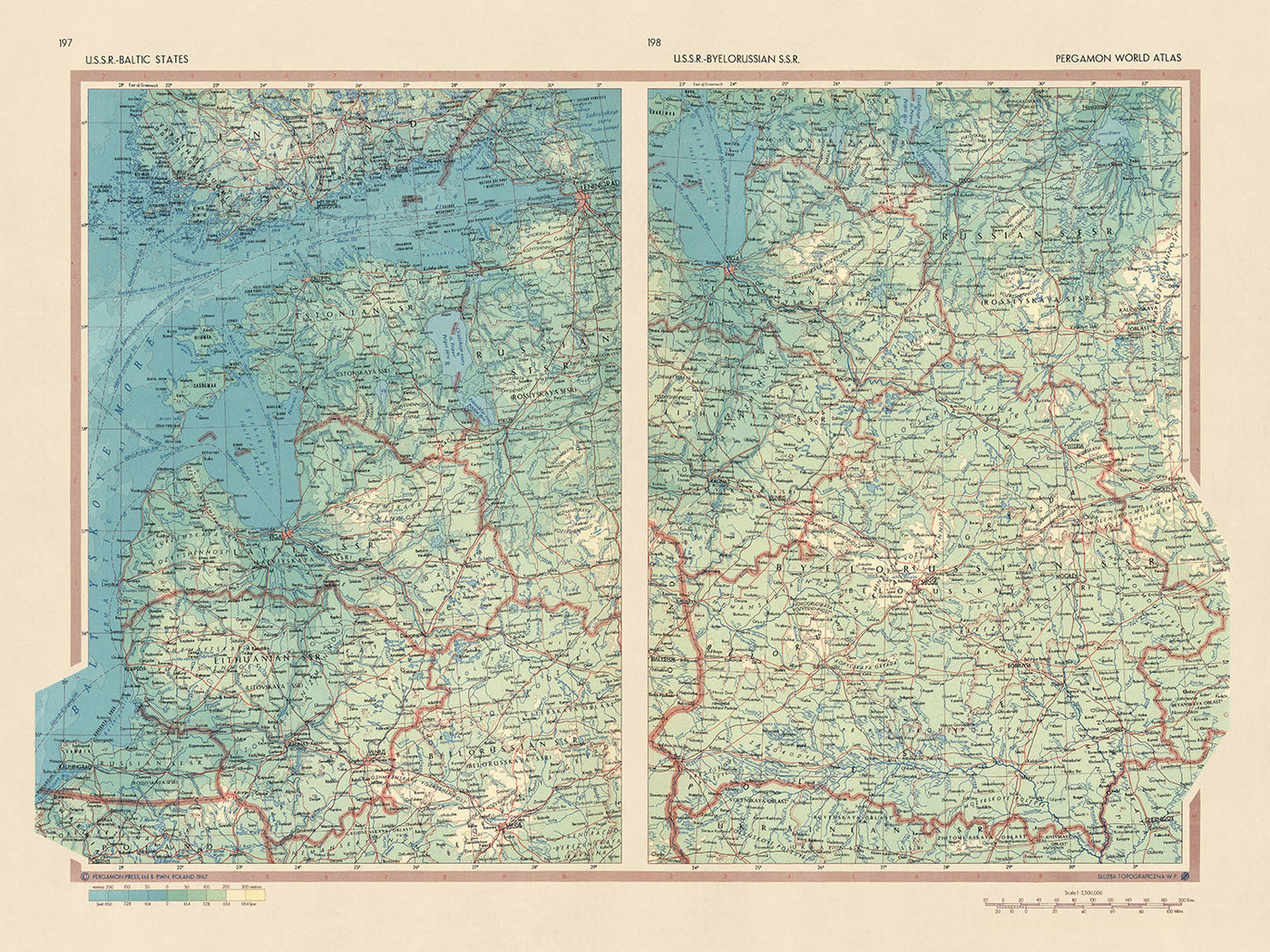 Alte Karte der baltischen Staaten und Weißrusslands, Topografischer Dienst der polnischen Armee, 1967: Riga, Minsk, Vilnius, Rigaer Meerbusen, Kurisches Haff