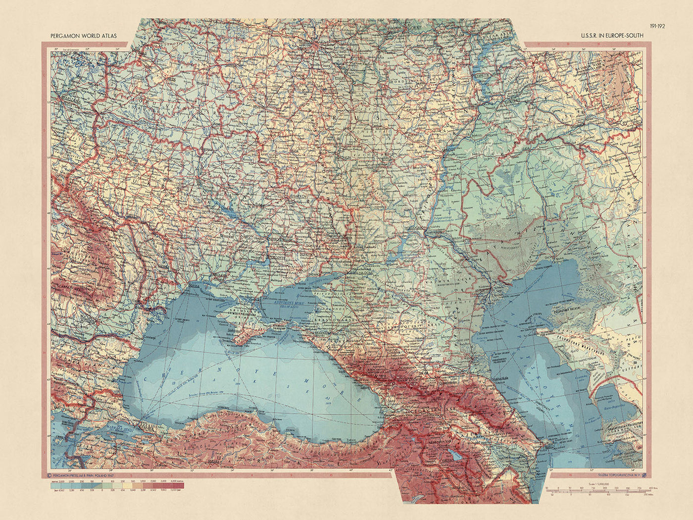 Alte Weltkarte der UdSSR in Europa – Süden vom polnischen Topographiedienst der Armee, 1967: Detaillierte politische und physische Karte der südlichen UdSSR und Osteuropas