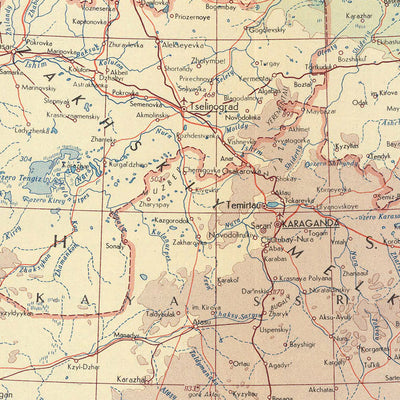 Alte Karte von Kasachstan vom Topographischen Dienst der polnischen Armee, 1967: Almaty, Karaganda, Schymkent, Balchaschsee, Kaspisches Meer
