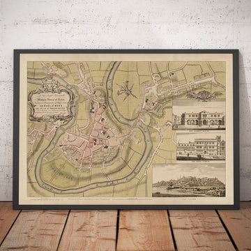 Antica mappa di Shrewsbury nel 1746 di John Rocque - Fiume Severn, Frankwell, Welsh Bridge, Stone Bridge, Bowling Green 