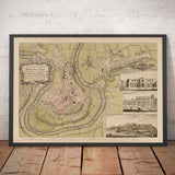 Ancienne carte de Shrewsbury en 1746 par John Rocque - Rivière Severn, Frankwell, Welsh Bridge, Stone Bridge, Bowling Green