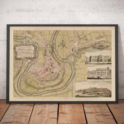 Alte Karte von Shrewsbury im Jahr 1746 von John Rocque - Fluss Severn, Frankwell, Welsh Bridge, Stone Bridge, Bowling Green