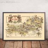 Antica mappa pittorica della Valle della Loira di Liozu, 1951: Orléans, Tours, Angers, Castelli, Vigneti, Vino 