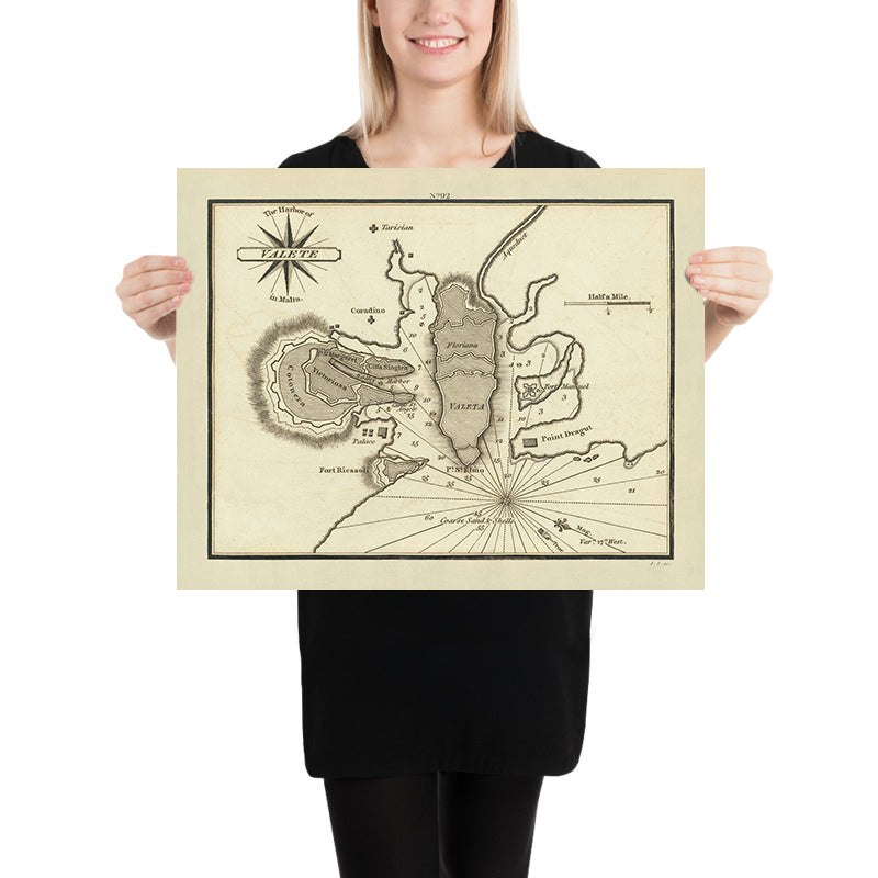 Vecchia Valletta, Malta Carta Nautica di Heather, 1802: Forte San Angelo, Palazzo, Co-Cattedrale di San Giovanni 