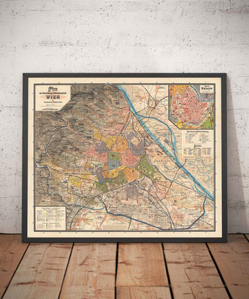Mapa antiguo de Viena por Gustav Freytag en 1895 - Innere Stadt, Leopoldstadt, Wieden, Margareten, Landstraße