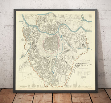Mapa antiguo de Viena por SDUK en 1887 - Río Danubio, Alte Donau, Graben, Rennweg, Iglesia de San Carlos