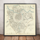 Mapa antiguo de Viena por SDUK en 1887 - Río Danubio, Alte Donau, Graben, Rennweg, Iglesia de San Carlos
