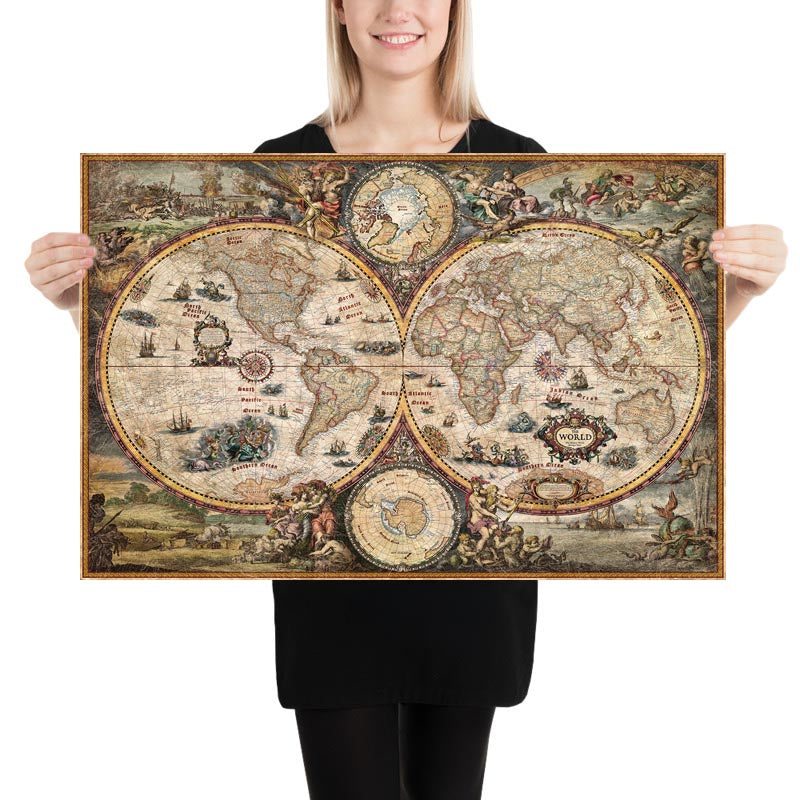 Mapa del Viejo Mundo Mundo Moderno de Ray&Co, 2024: estilo vintage, geografía detallada, elementos decorativos
