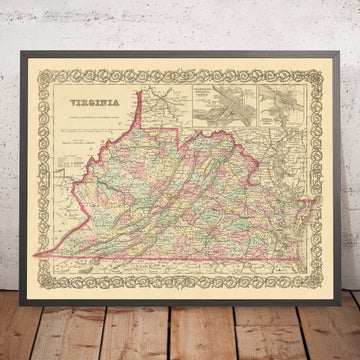 Ancienne carte de la Virginie par Colton, 1859 : Richmond, Alexandria, Norfolk, Lynchburg, Petersburg