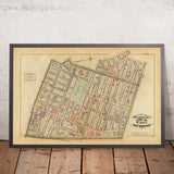 Alte Karte von Greenwich Village, NYC, 1879: Washington Sq, Jefferson Market, Broadway, Lafayette St, Dampfeisenbahnen 