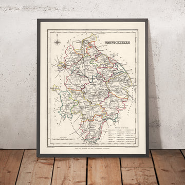 Ancienne carte du Warwickshire par Samuel Lewis, 1844 : Birmingham, Coventry, Stratford-upon-Avon, Warwick, Rugby
