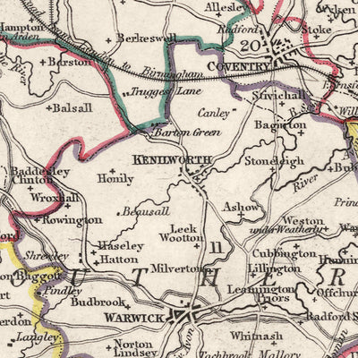 Old Map of Warwickshire by Samuel Lewis, 1844: Birmingham, Coventry, Stratford-upon-Avon, Warwick, Rugby