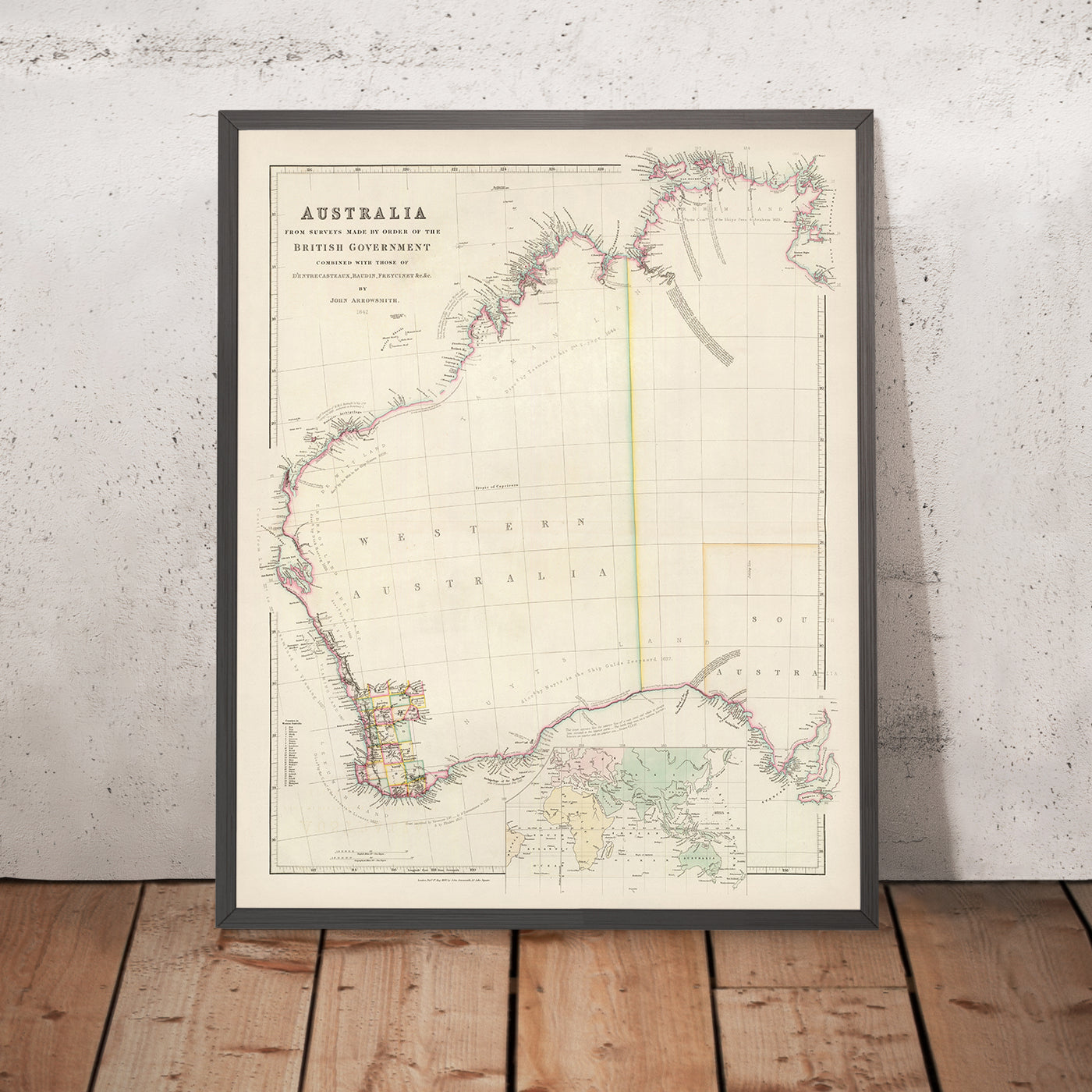 Mapa antiguo de Australia Occidental de Arrowsmith, 1844: Perth, Adelaida, costas, condados, descubrimientos