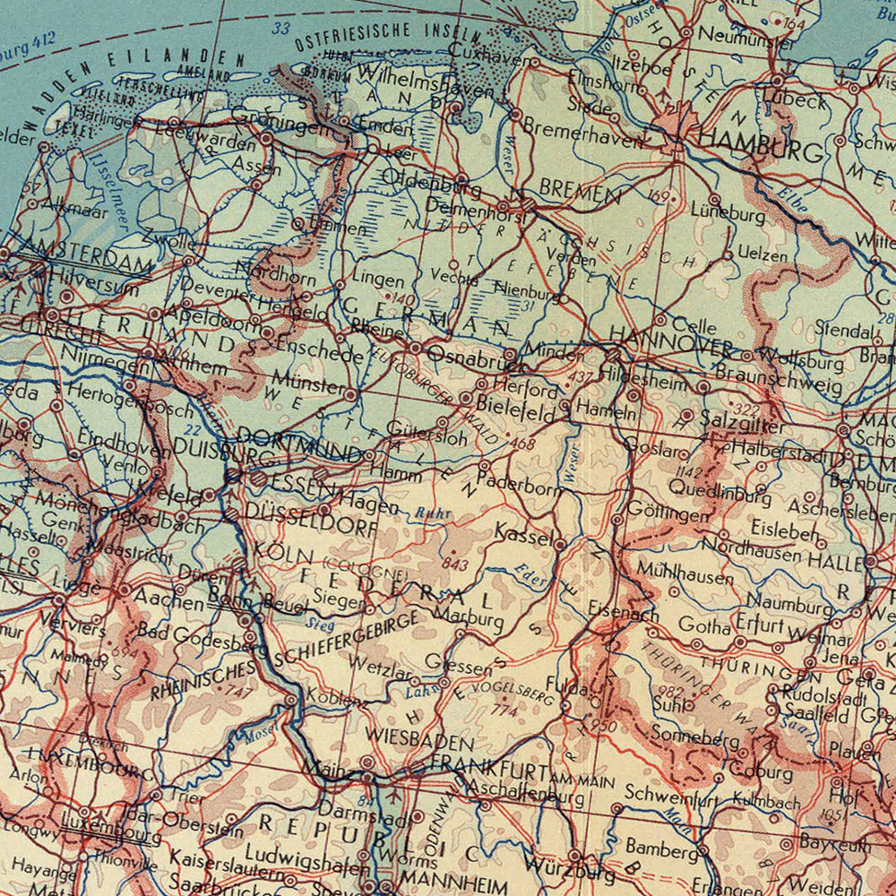 Carte du vieux monde de l'Europe occidentale par le service topographique de l'armée polonaise, 1967 : carte politique et physique détaillée, couvre les îles britanniques jusqu'à la Roumanie, comprend les voies de navigation