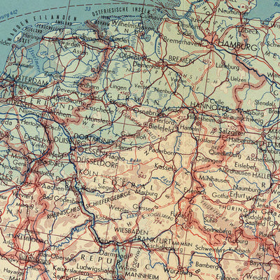 Carte du vieux monde de l'Europe occidentale par le service topographique de l'armée polonaise, 1967 : carte politique et physique détaillée, couvre les îles britanniques jusqu'à la Roumanie, comprend les voies de navigation