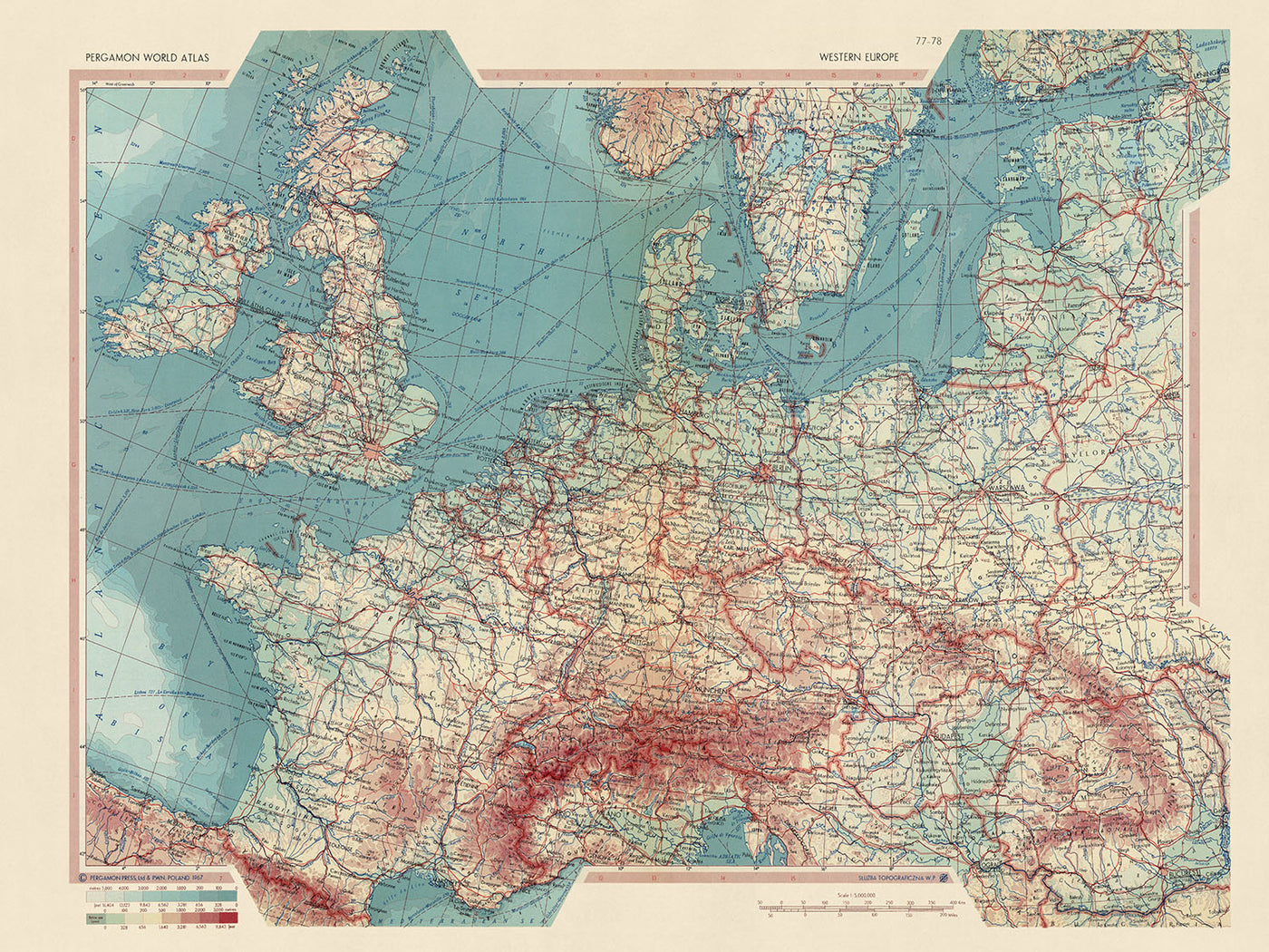 Alte Weltkarte von Westeuropa vom polnischen Topographiedienst der Armee, 1967: Detaillierte politische und physische Karte, deckt die britischen Inseln bis Rumänien ab, einschließlich Schifffahrtsrouten