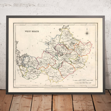 Alte Karte des County Westmeath von Samuel Lewis, 1844: Mullingar, Athlone, Kilbeggan, Moate, Fore 