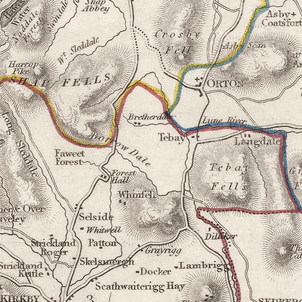 Mapa antiguo de Westmorland por Samuel Lewis, 1844: Appleby, Kendal, Kirkby Stephen, Brough, Lake District