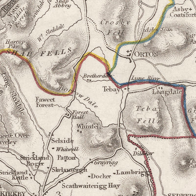 Mapa antiguo de Westmorland por Samuel Lewis, 1844: Appleby, Kendal, Kirkby Stephen, Brough, Lake District