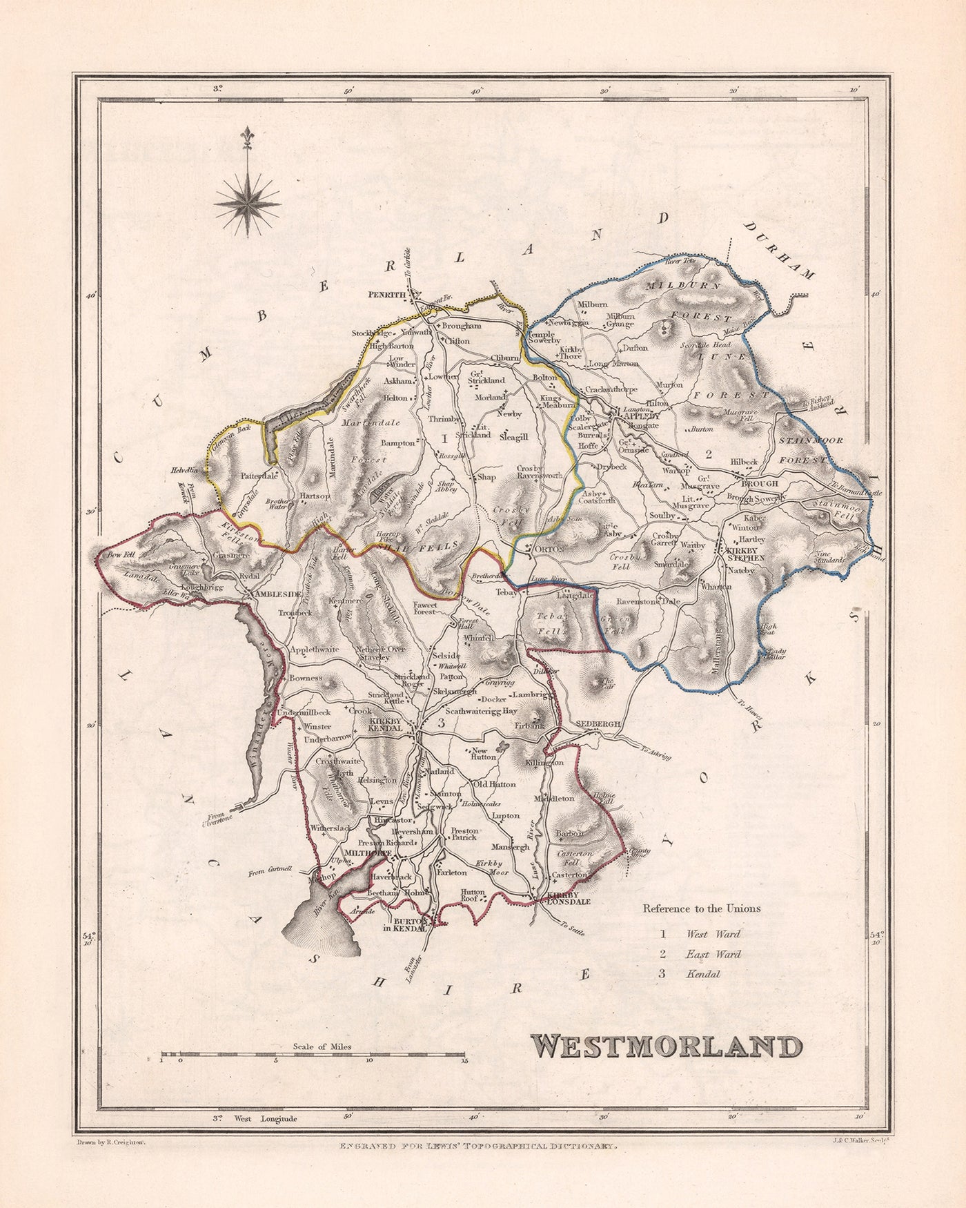 Ancienne carte de Westmorland par Samuel Lewis, 1844 : Appleby, Kendal, Kirkby Stephen, Brough, Lake District