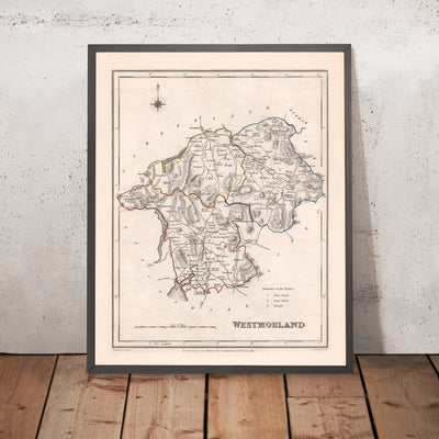 Ancienne carte de Westmorland par Samuel Lewis, 1844 : Appleby, Kendal, Kirkby Stephen, Brough, Lake District