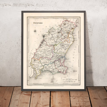 Alte Karte des County Wexford von Samuel Lewis, 1844: Enniscorthy, New Ross, Gorey, Ferns und historische Merkmale 