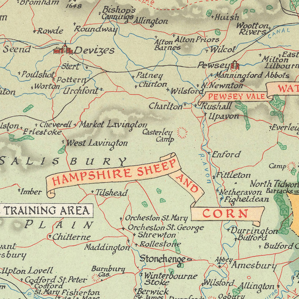 Mapa pictórico antiguo de Wiltshire realizado por Clegg en 1946: Swindon, Salisbury, Stonehenge, Abadía de Malmesbury, Abadía de Lacock