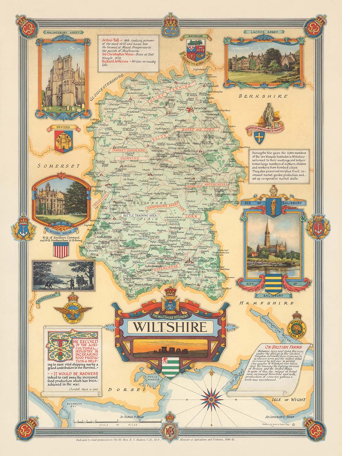 Mapa pictórico antiguo de Wiltshire realizado por Clegg en 1946: Swindon, Salisbury, Stonehenge, Abadía de Malmesbury, Abadía de Lacock