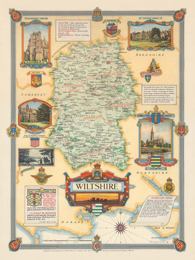 Old Pictorial Map of Wiltshire by Clegg, 1946: Swindon, Salisbury, Stonehenge, Malmesbury Abbey, Lacock Abbey