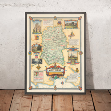 Old Pictorial Map of Wiltshire by Clegg, 1946: Swindon, Salisbury, Stonehenge, Malmesbury Abbey, Lacock Abbey