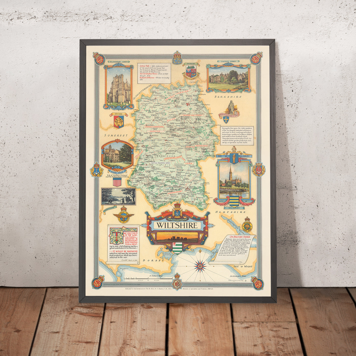 Mapa pictórico antiguo de Wiltshire realizado por Clegg en 1946: Swindon, Salisbury, Stonehenge, Abadía de Malmesbury, Abadía de Lacock