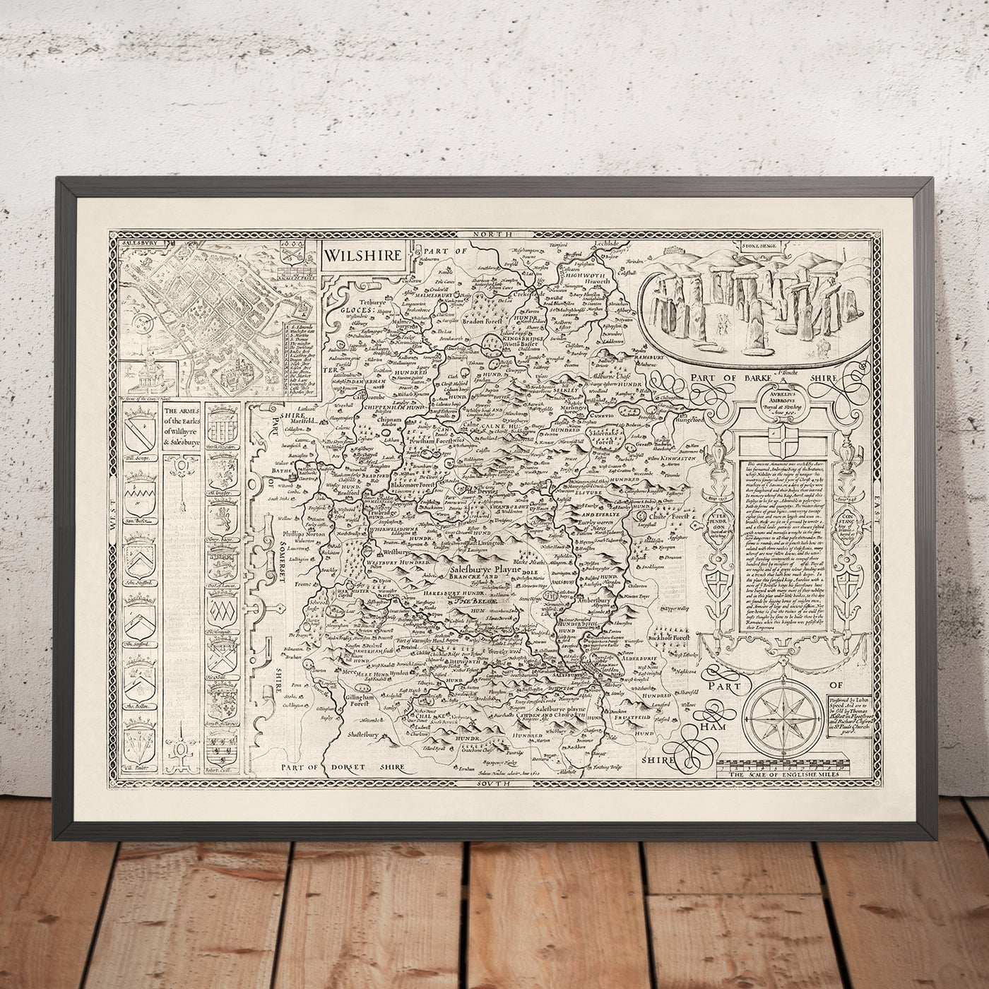 Old Map of Wiltshire in 1611 by John Speed - Salisbury, Stonehenge, Swindon, Trowbridge