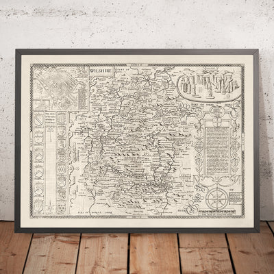 Old Map of Wiltshire in 1611 by John Speed - Salisbury, Stonehenge, Swindon, Trowbridge