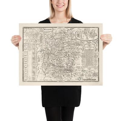 Old Map of Wiltshire in 1611 by John Speed - Salisbury, Stonehenge, Swindon, Trowbridge