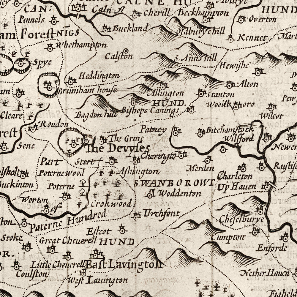 Old Map of Wiltshire in 1611 by John Speed - Salisbury, Stonehenge, Swindon, Trowbridge