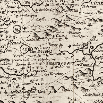 Old Map of Wiltshire in 1611 by John Speed - Salisbury, Stonehenge, Swindon, Trowbridge
