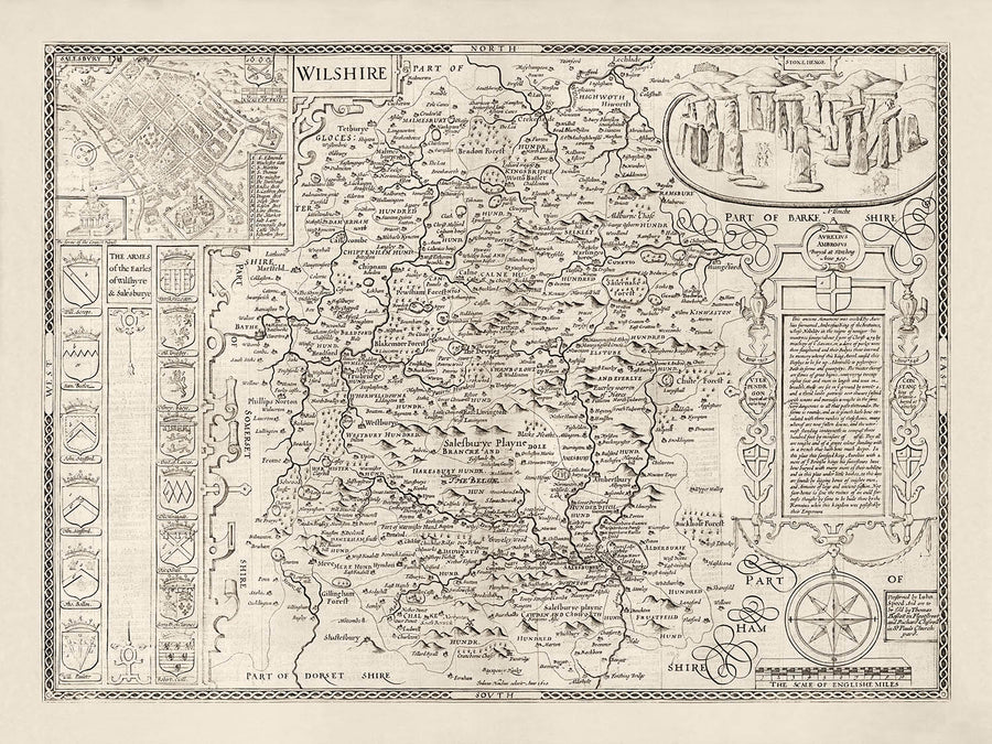 Ancienne carte de Wiltshire en 1611 par John Speed ​​- Salisbury, Stonehenge, Swindon, Trowbridge