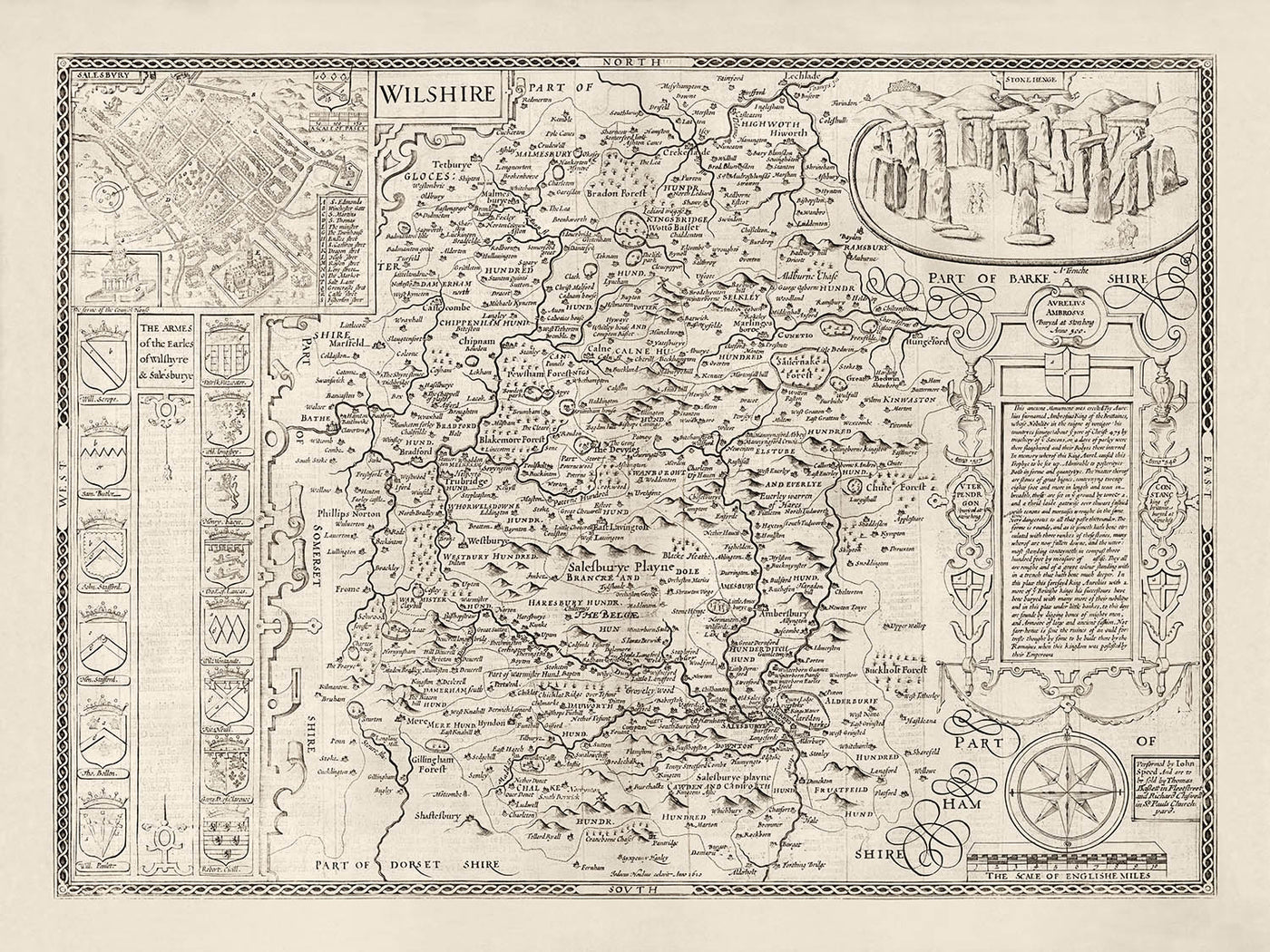 Old Map of Wiltshire in 1611 by John Speed - Salisbury, Stonehenge, Swindon, Trowbridge