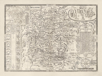 Old Map of Wiltshire in 1611 by John Speed - Salisbury, Stonehenge, Swindon, Trowbridge