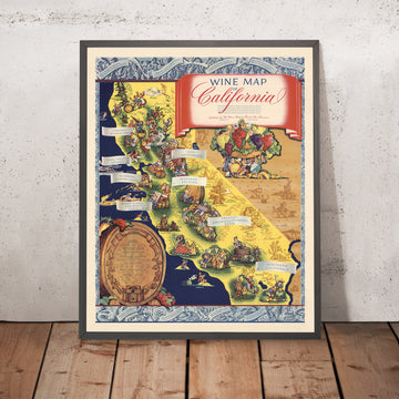Vecchia mappa delle regioni vinicole della California, 1935: produzione di vino, vigneti, Sonoma, Napa Valley, vignette 