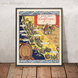 Vecchia mappa delle regioni vinicole della California, 1935: produzione di vino, vigneti, Sonoma, Napa Valley, vignette 