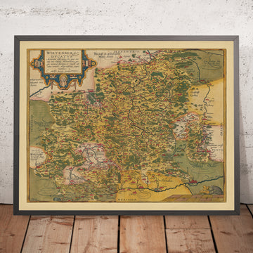 Antica mappa del Württemberg di Ortelius, 1587: Stoccarda, Ulm, Germania, fiume Neckar, foreste 