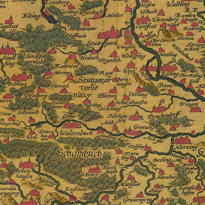 Alte Karte von Württemberg von Ortelius, 1587: Stuttgart, Ulm, Deutschland, Neckar, Wälder 