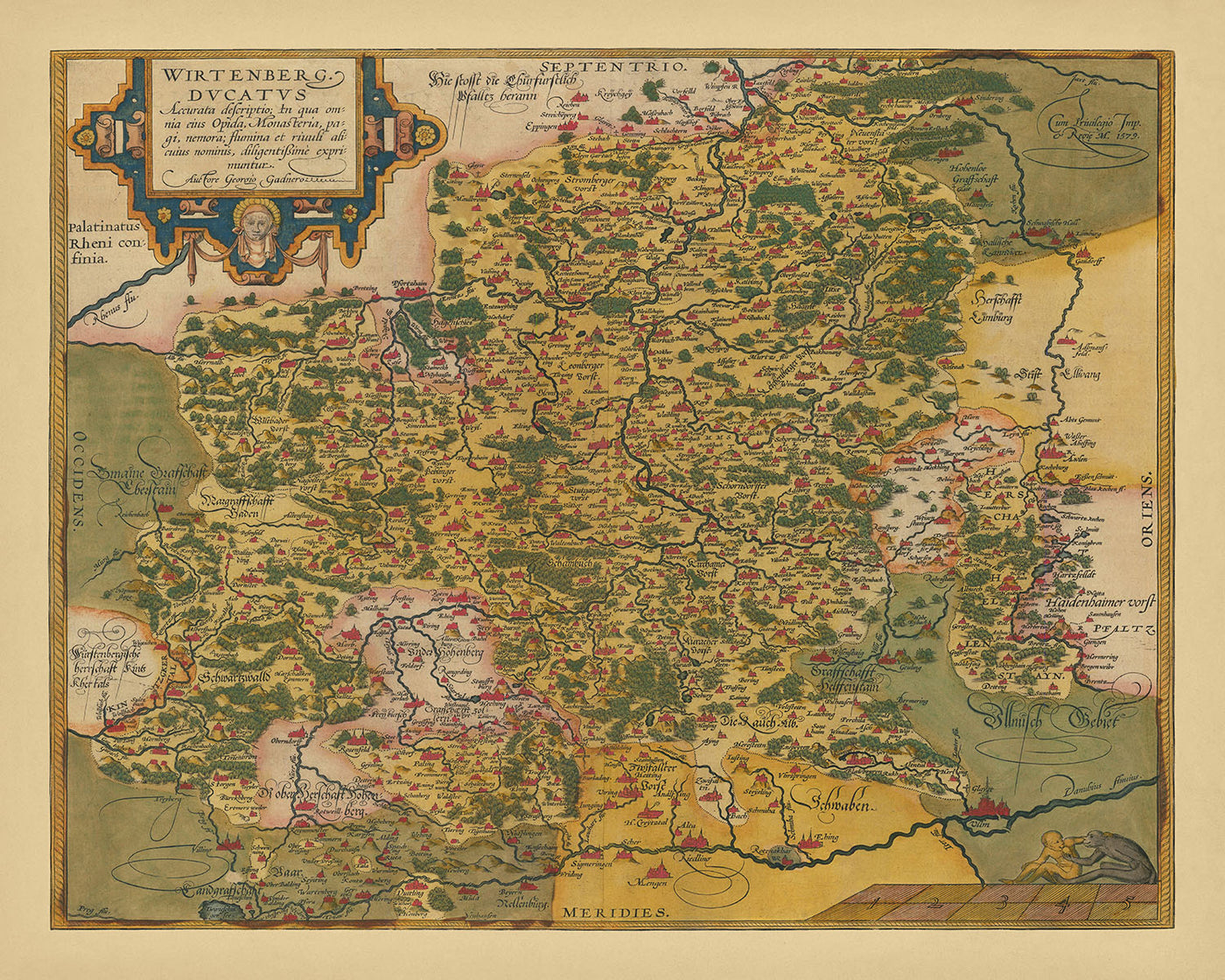 Carte ancienne du Wurtemberg par Ortelius, 1587 : Stuttgart, Neckar, Fortifications, Forêts, Frontières