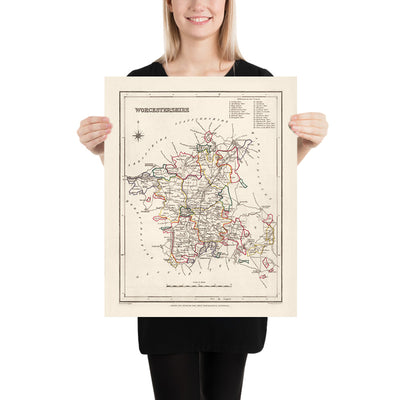 Mapa antiguo de Worcestershire por Samuel Lewis, 1844: Worcester, Kidderminster, Malvern, Evesham, Broadway